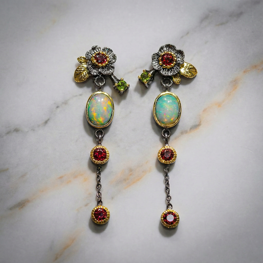 Boho Earrings with Opal and Red Zirconia