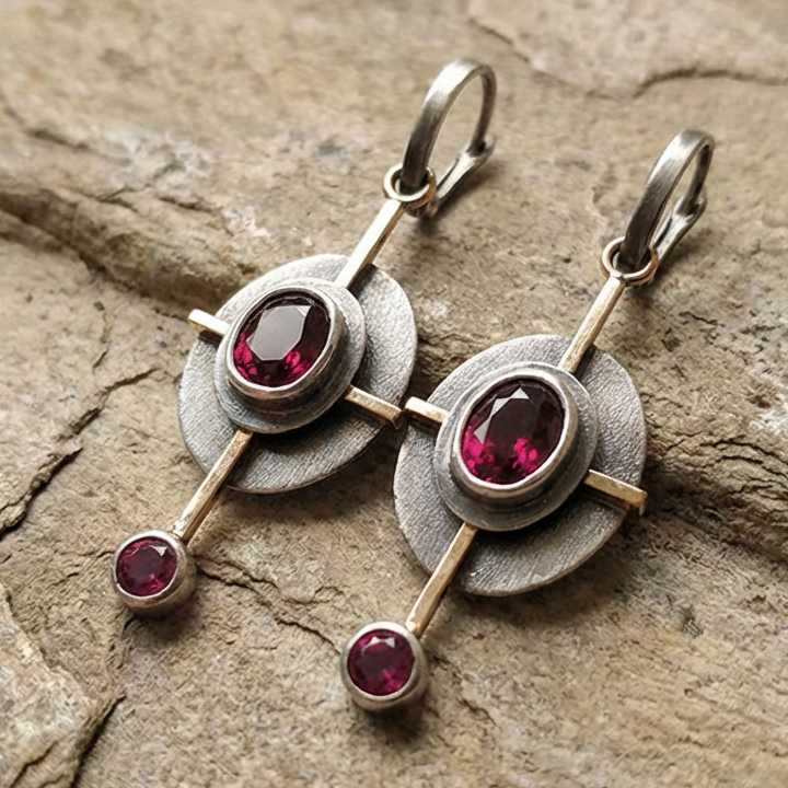 Boho Earrings with Garnet Crystal in Sterling Silver