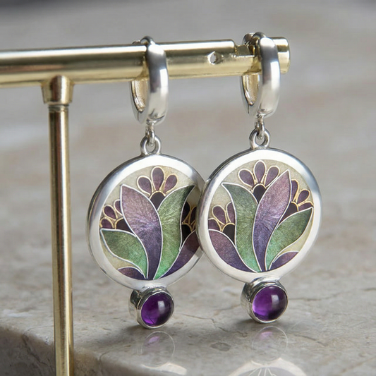 Boho Earrings with Purple Crystals in Sterling Silver